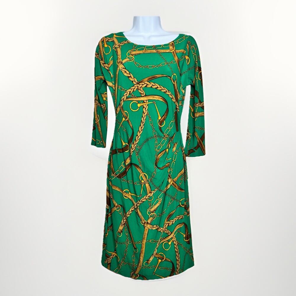Ralph Lauren Faux Wrap Dress Womens 4 Green Horse Tack Equestrian Ruched Classic